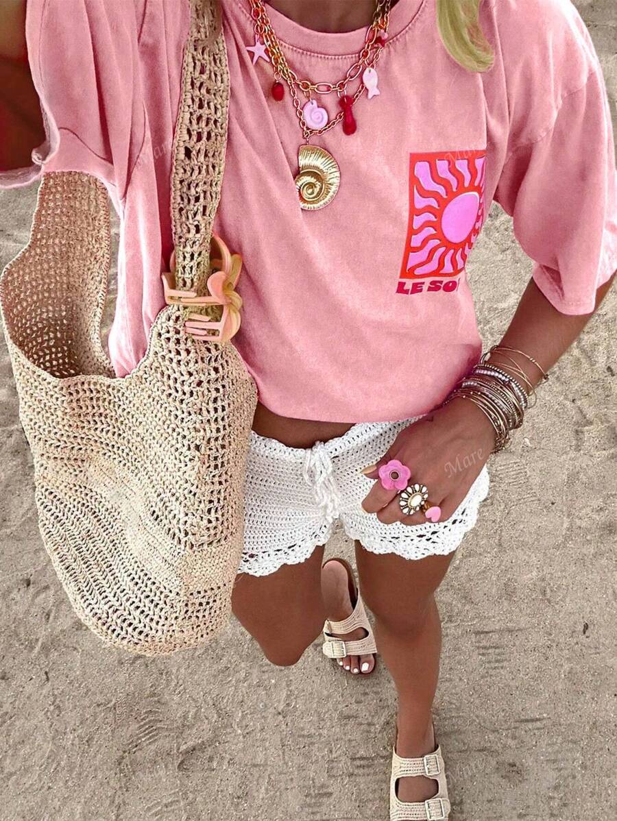 Camiseta de mujer de manga corta y cuello redondo de color liso y estilo minimalista casual, con gráfico de sol para conjuntos de playa y vacaciones de verano