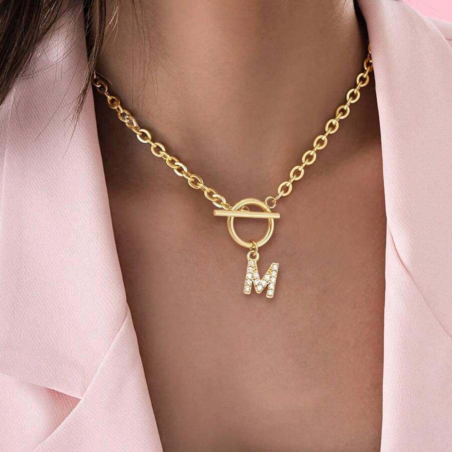 1 peça Nova Moda Zircônia Pave Inicial Pingente Fechos de Alternância Colares de Corrente de Aço Inoxidável Dourado para Mulheres