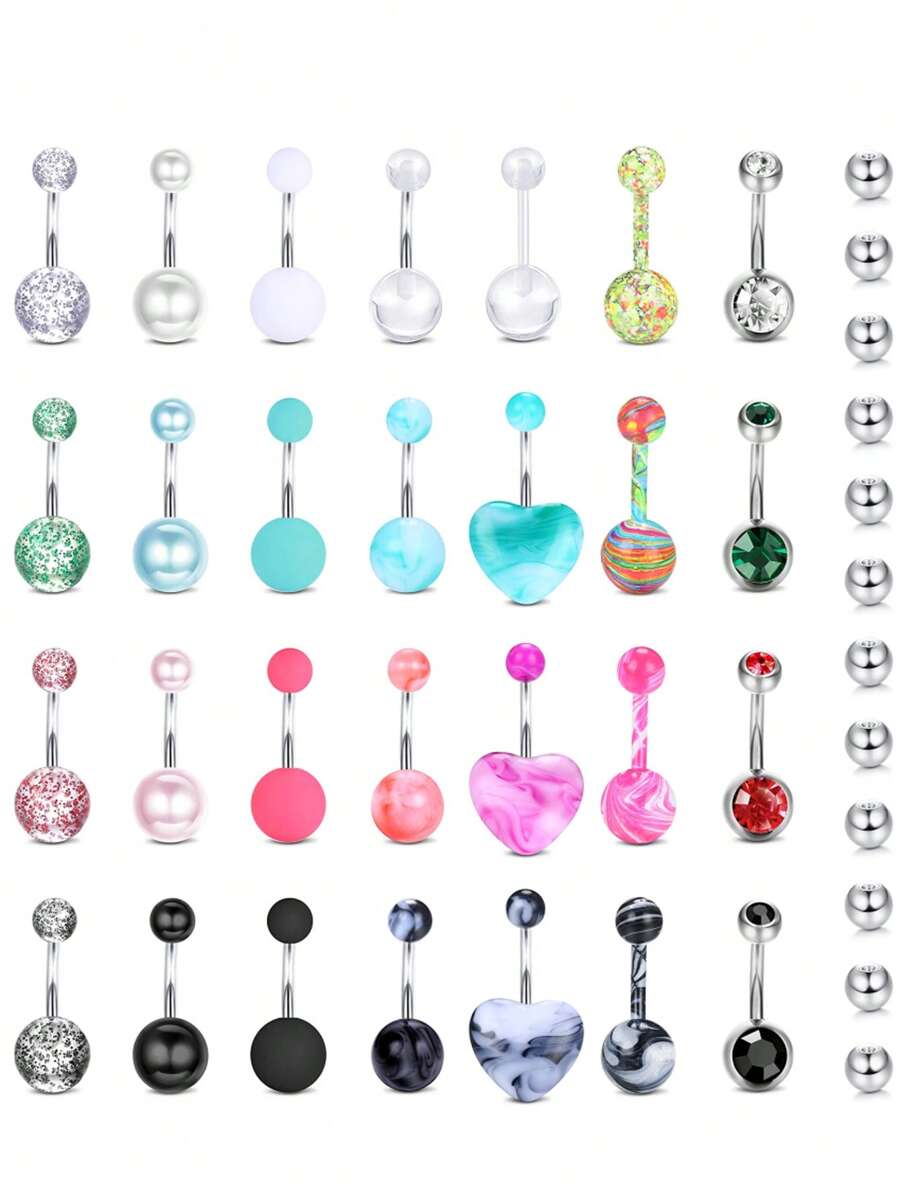 7pcs/40pcs 14G Surgical Steel Navel Rings, Women Belly Button Ring Replacement Balls, Acrylic Pearl Heart Shaped Navel Piercing Jewelry, Suitable For Festival Gifts