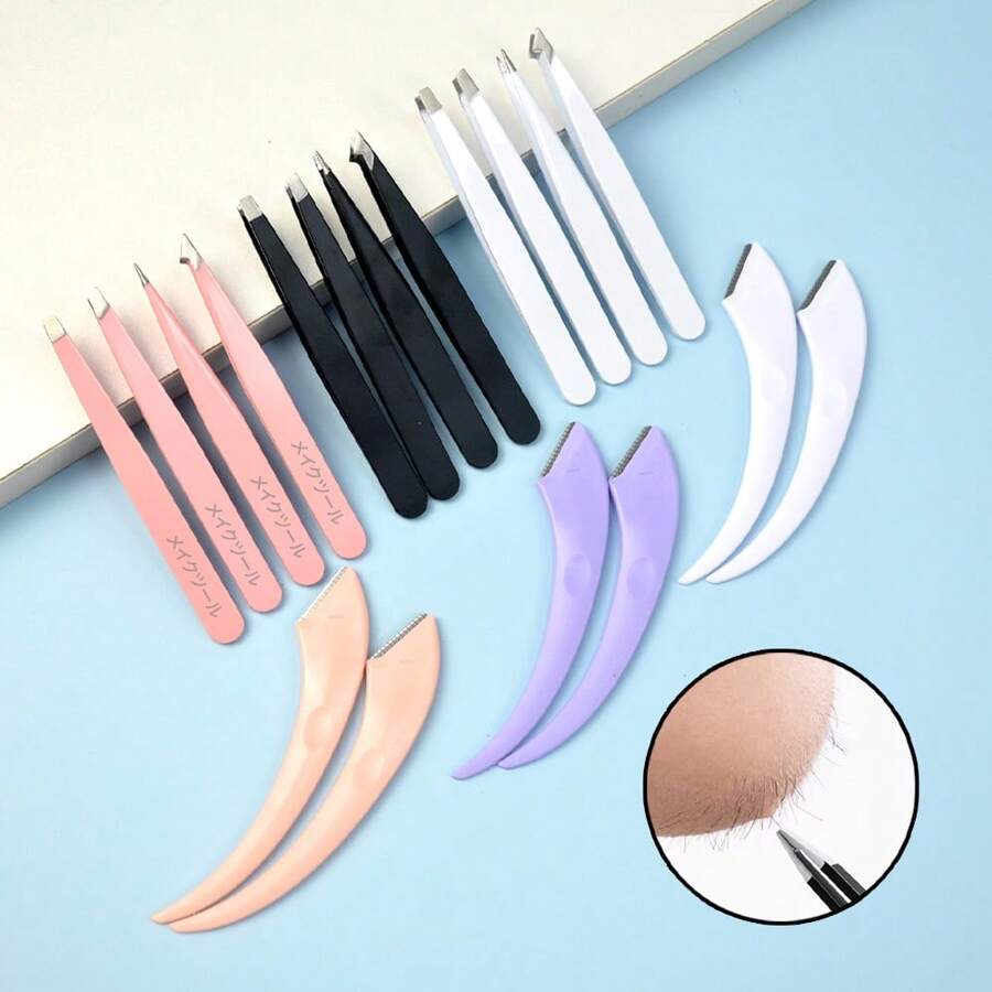 6pcs Stainless Steel Eyebrow Clip Tweezers Set, Includes 2pcs Crescent Eyebrow Razors, Makeup Tool Grooming For Women