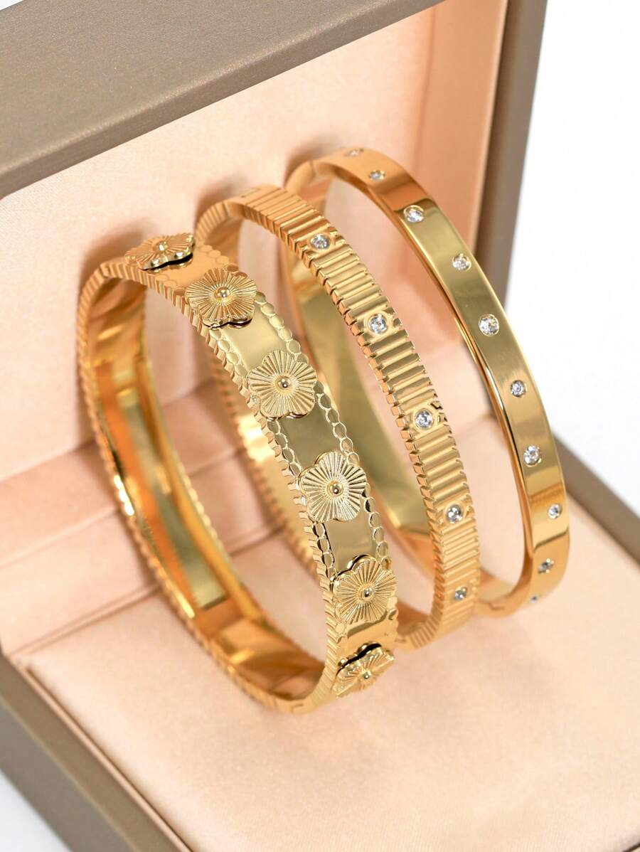 Brazalete estilo pulsera con flor chapado en oro de 18K de acero inoxidable, incrustado con circonita cúbica, impermeable, joyería de muñeca de estilo europeo y americano para mujer, adecuado para uso casual, boda, fiesta, regalo del Día de San Valentín