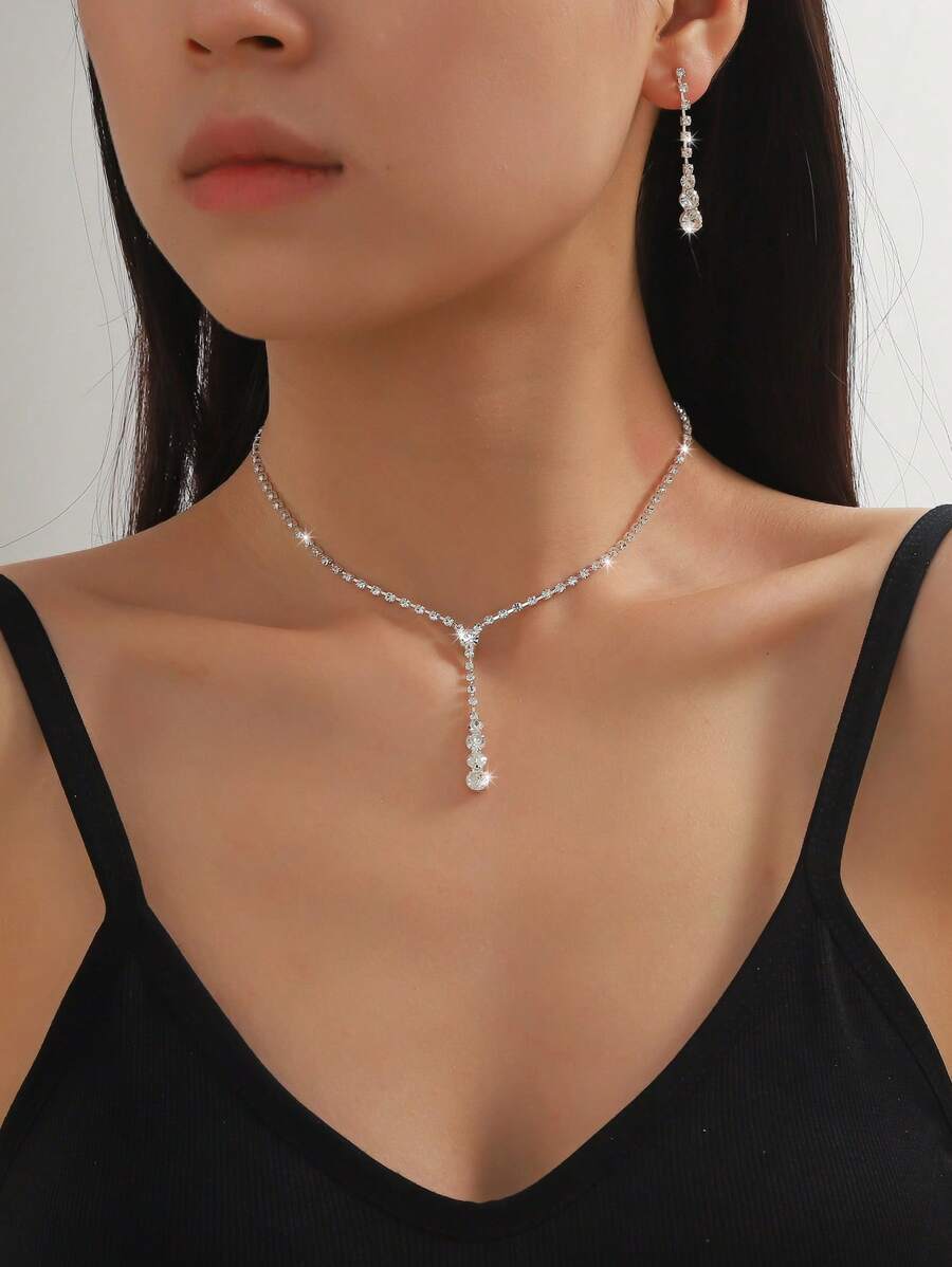 2 pièces Set de collier et boucles d'oreilles étincelants pour femmes, accessoires de bijoux de mariée élégants pour soirée