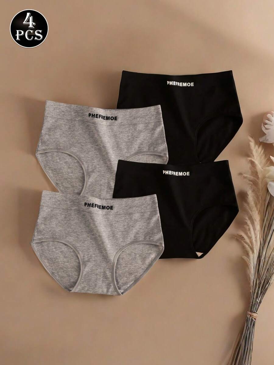 4 piezas Ropa interior deportiva de mujer con estampado de letras, ropa interior íntima ultra suave y elástica, lencería cómoda para uso diario