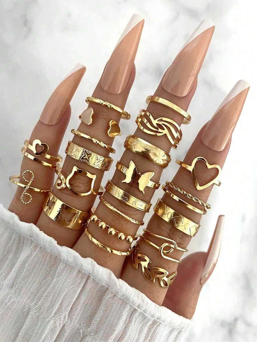 21pcs Style Stacking Rings Butterfly/ Heart/ Leaf Design Mix And Match For Daily Outfits Party Accessories