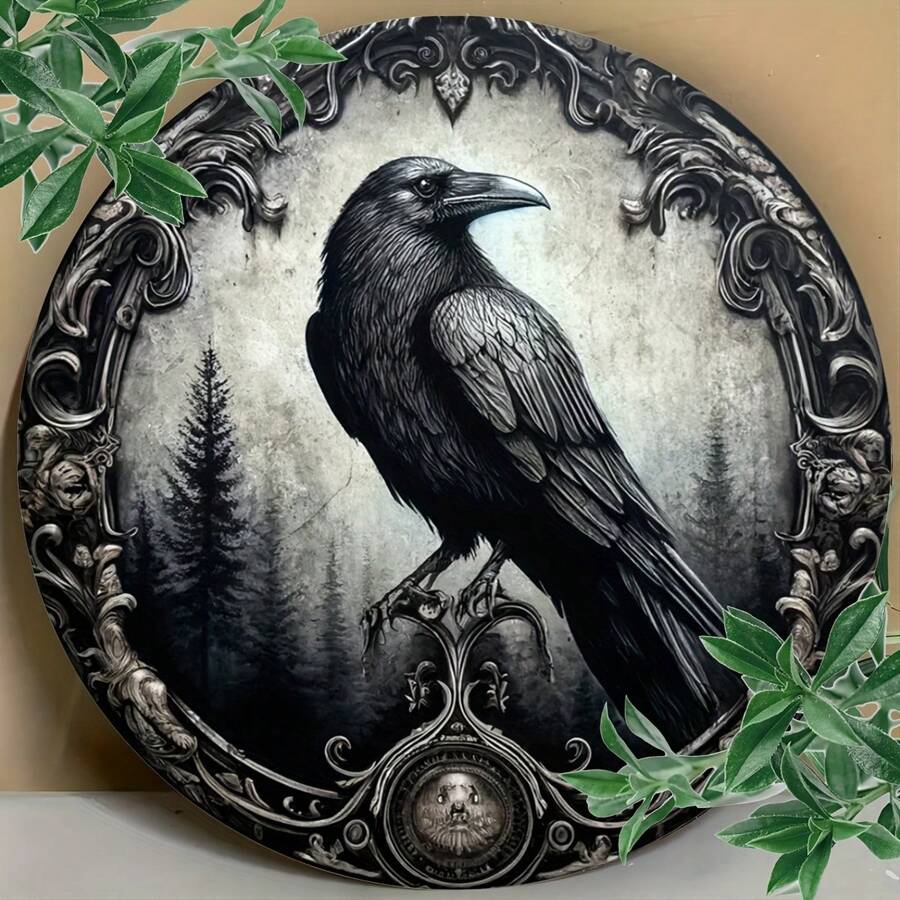 1 pieza Placa metálica 2D, placa decorativa redonda metálica con diseño de corona y cuervo, decoración de pared para hogar/café/apartamento/restaurante/sala de estar, regalo de fiestas, regalo para amantes de las aves, 8" X 8", estilo de perforación aleatorio