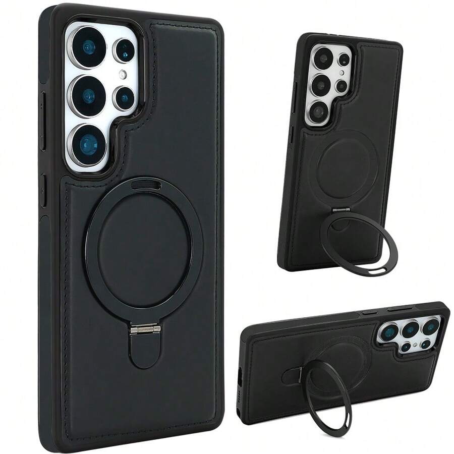 VIETAO Funda de teléfono de negocios con soporte plegable magnético de metal Funda de teléfono de piel sintética con soporte invisible compatible con Samsung Galaxy S24 S25 Ultra