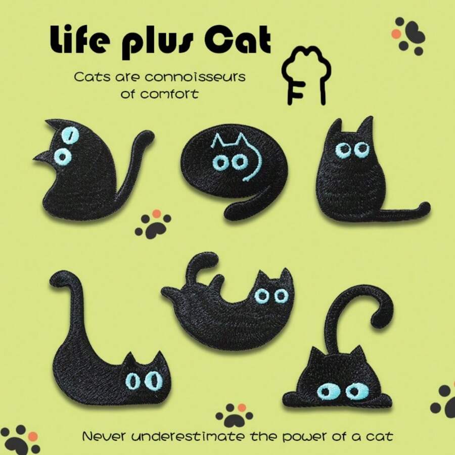 Iron-On Embroidered Patch, Cute Blue-Eyed Black Cat Embroidery Cloth Patch, Soft & Adorable Decoration For Scrapbook, Bag, Clothes Hole Cover, Self-Adhesive