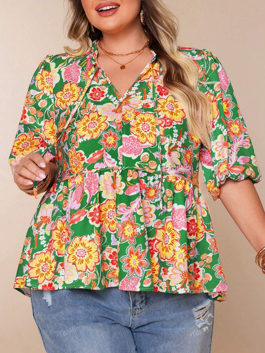 Plus Size Women Casual Floral Print Ruffle Collar Tie Waist 3/4 Lantern Sleeve A-Line Blouse Shirt, For Summer