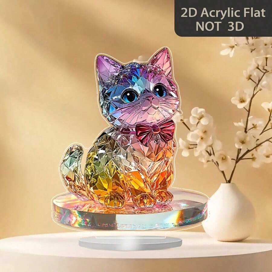 1 Piece 2D Flat Acrylic Decoration, Bohemian Crystal Cat Decoration, Colorful Table Decoration, Perfect Decoration For Home Interior Bedroom, Living Room, Daily Dining Table Decoration, Whimsical Decoration, Complex Design, 2D Flat, Perfect Gift For Family And Friends