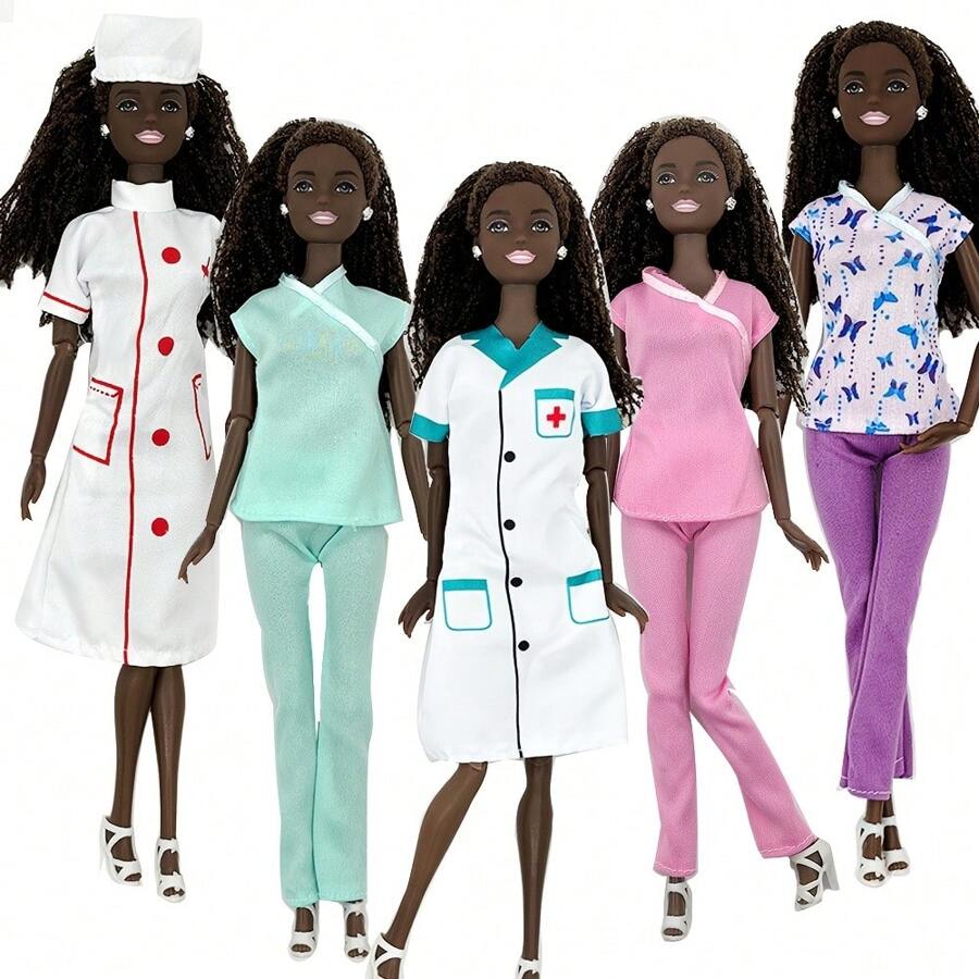5pcs Nurse & Doctor Uniform Set Plus 4pcs Y2K Style Top And Pants Outfit For 11.5 Inch Female Doll, Casual Decor And Toys