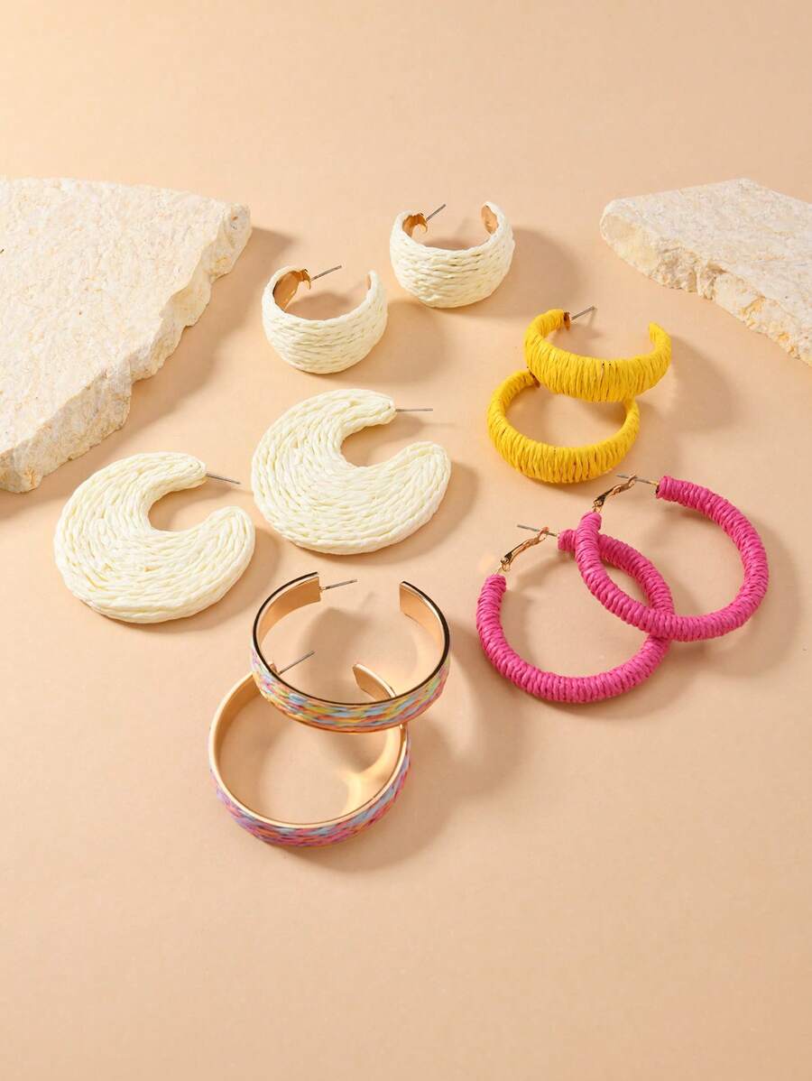 1 Pair Bohemian Style Vacation Raffia Handwoven Minimalist Multi-Color Hoop Earrings, Suitable For Daily Wear