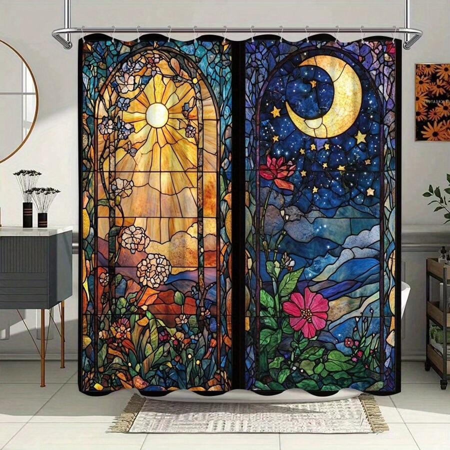 1 Pc Sun And Moon Printed Shower Curtain, Translucent Waterproof Shower Curtain Divider, Winter Bathroom Warming Shower Curtain, Bathroom Shower Curtain Liner Decorative Curtain, Equipped With Multiple Plastic Hooks, Metal Alloy Washers, More Sturdy Room Decor Bathroom Accessories Back To School