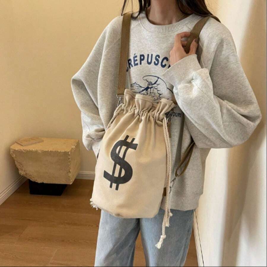 Sac à dos en canevas avec fermeture à cordon, sac d'argent vêtements avec logo dollar, sac de transport pour fêtes, cadeaux, banques, braquages, pirates, cowboys, jeux de rôle, fêtes à thème, fournitures scolaires, rentrée scolaire