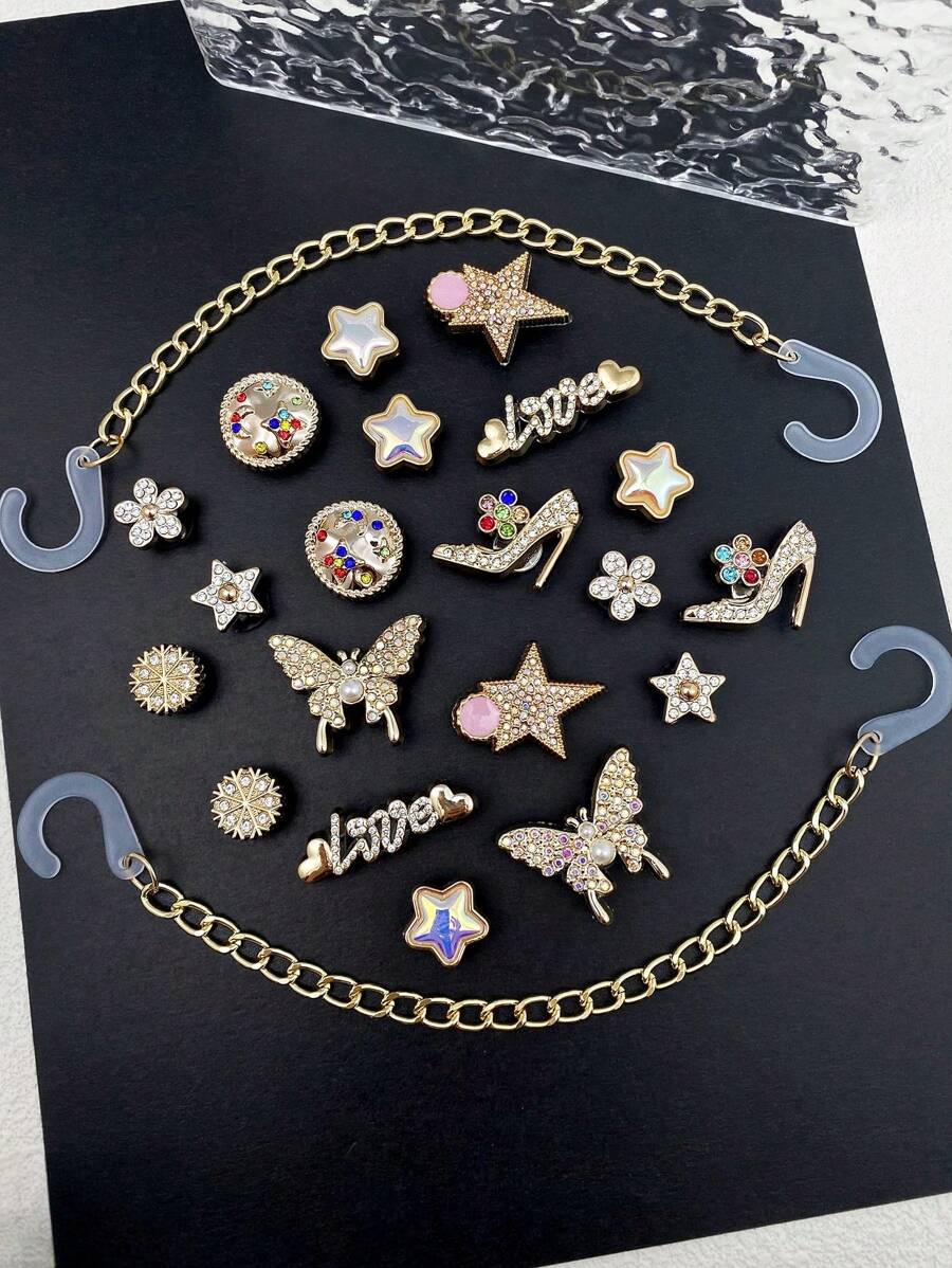 22pcs Gold Chain, Crystal Heart, Letter LOVE, ABS Rhinestone Pearl Butterfly, High Heel, Crystal Pentagram, Flower Shoe Buckle DIY Decorations, Multifunctional Shoe Clips Suitable For Women's Sandals, Slippers, Beach Bags, Great For Holiday & Birthday Party Gifts