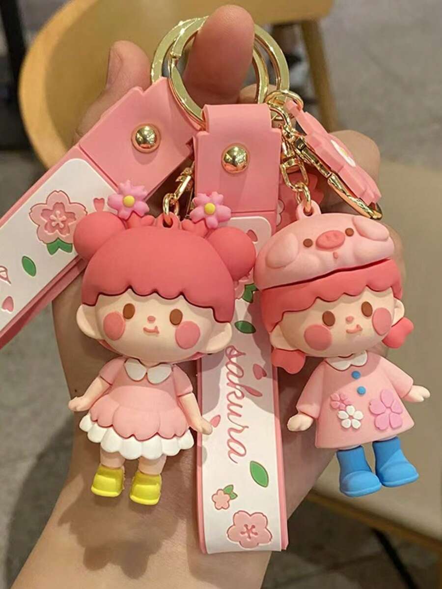 1pc Cute Cherry Blossom Girl Keychain, Fashion Pendant Accessory Ornament For Backpacks, Cars, Sweet Gift Car Accessories Bag Charm