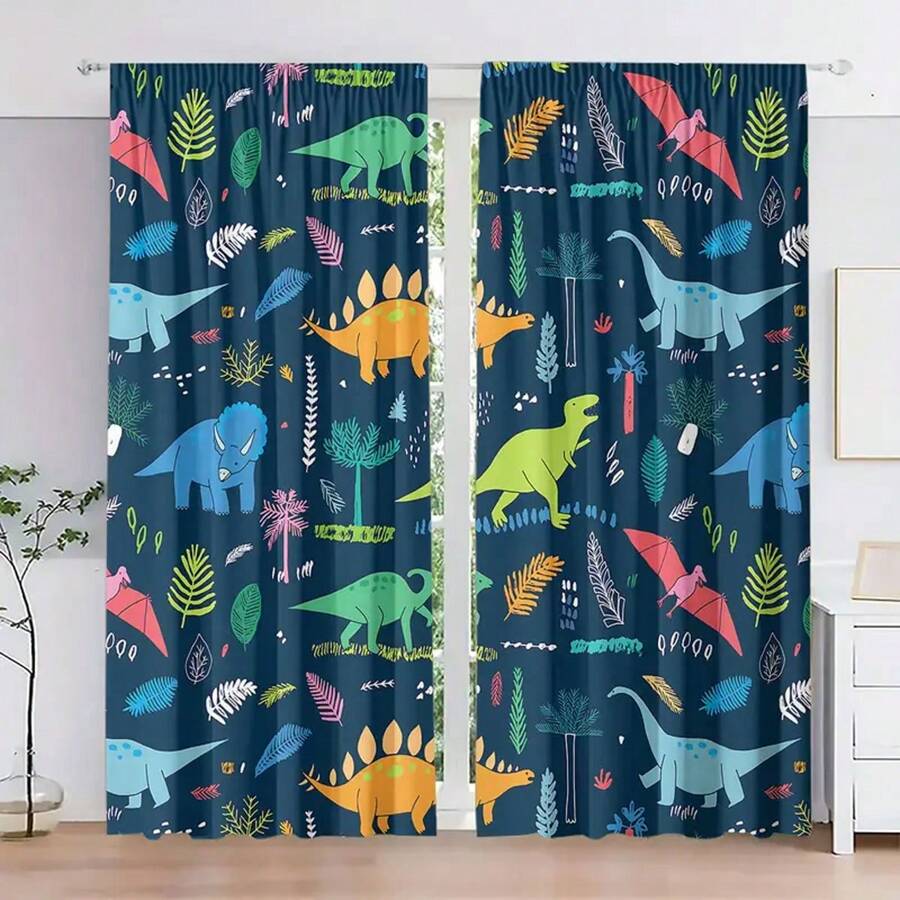 2 piezas de cortinas con estampado de dinosaurios juguetones - filtro de luz, diseño de bolsillo para vara para dormitorio, sala de estar, decoración de oficina - poliéster duradero, lavable a máquina