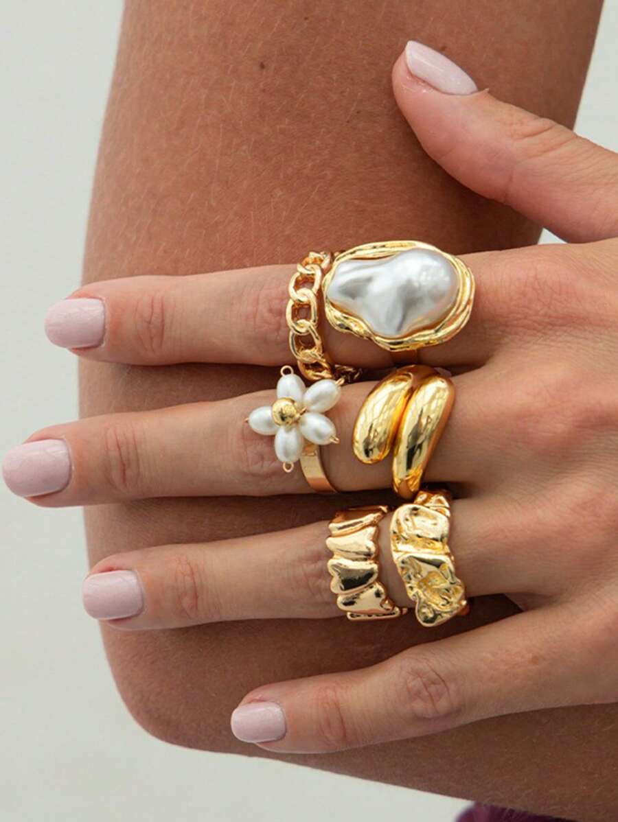 Set de 6 anillos de estilo barroco vintage multiusos, con perlas falsas, diseño asimétrico de metal líquido, arrugado y con flores, adecuado para reuniones con amigos y uso diario