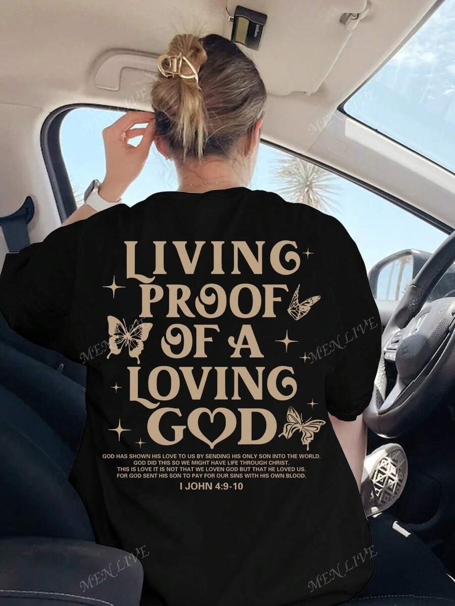 Summer Christian Graphic T-Shirt, Bible Verse Print "Living Proof Of A Loving God, I John 4:9-10", Casual Loose Fit Batwing Short Sleeve Tee, Suitable For Summer Vacation & Christian Women