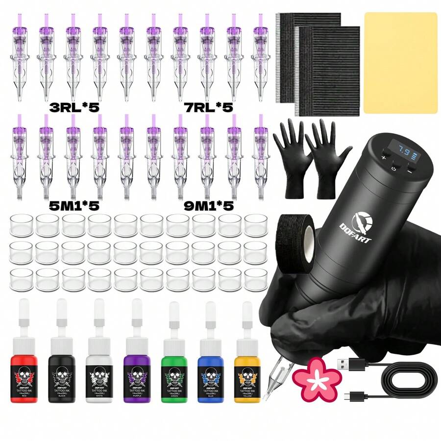 DQFART Wireless Tattoo Gun Kit, Built-In Tattoo Machine, Purple Tattoo Needle, 7-Color Tattoo Ink, And A Variety Of Tattoo Supplies. It Is A Complete Tattoo Kit Suitable For Tattoo Beginners And Tattoo Artists. A Holiday Gift For Family, Friends, And Couples (Black)