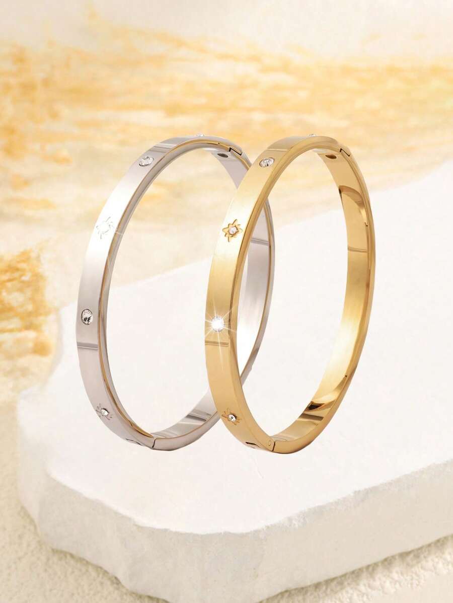 1 Piece 18K Gold-Plated Stainless Steel Bracelet, Unisex Adjustable Bracelet, Waterproof Jewelry Gift For Daily Wear, Party, Music Festival, Party Accessories, Delicate Style, Crystal Embellishment