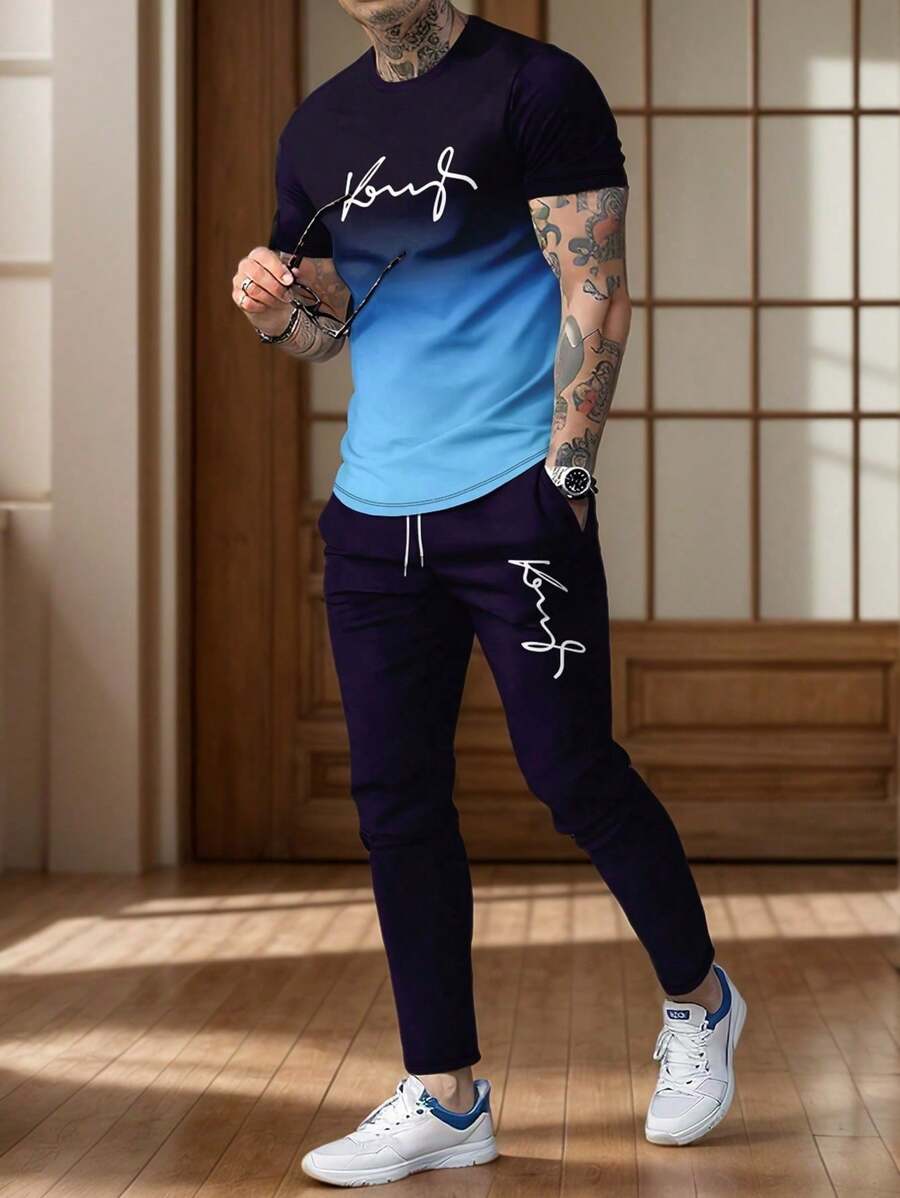 Men's "King" Ombre Print Round Neck Short Sleeve T-Shirt & Pants Set