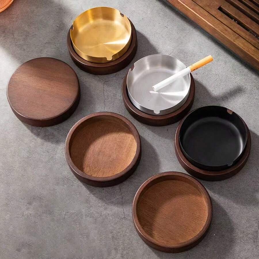 1 pezzo Posacenere in legno con coperchio, posacenere antivento con design in acciaio inossidabile carino, adatto per feste indoor/all'aperto, ufficio, casa, balcone