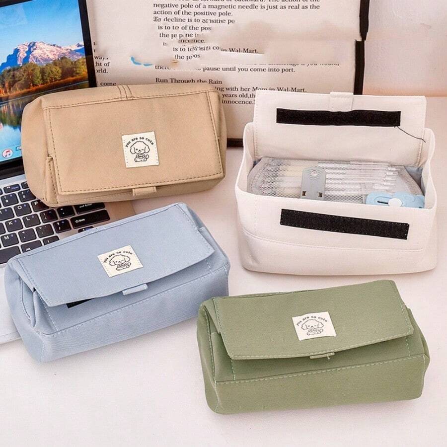 Simple & Cute Dog Design Stationery Case, Double-Layer Pencil Case, Large Capacity Zipper Closure Pen Bag For Students, Middle School Supplies,Back To School,School Supplies