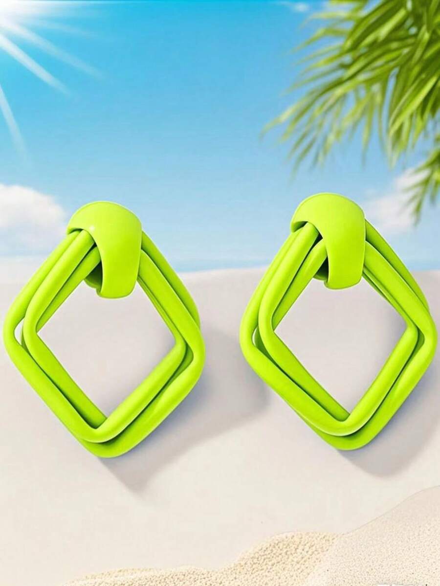 1 paire de boucles d'oreilles décontractées à la mode pour femmes, combinaison artisanale en fil de fer carré géométrique, vert néon vif, boucles d'oreilles pour fête et usage quotidien