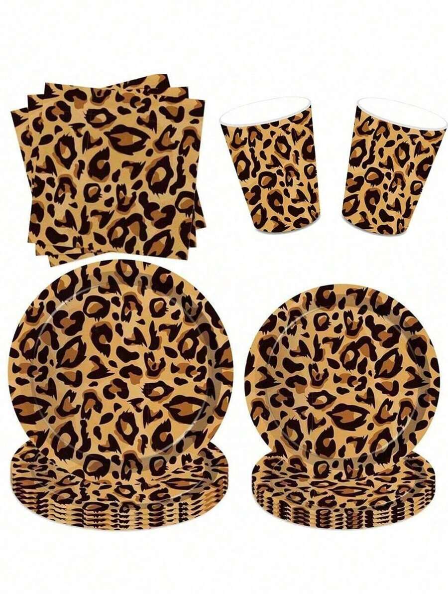 8pcs Leopard Print Plates And Napkins Party Supplies Brown Cheetah Print Birthday Decorations Tableware Plate Napkin For Wild Animal Leopard Theme Birthday Party Decorations,School Supplies