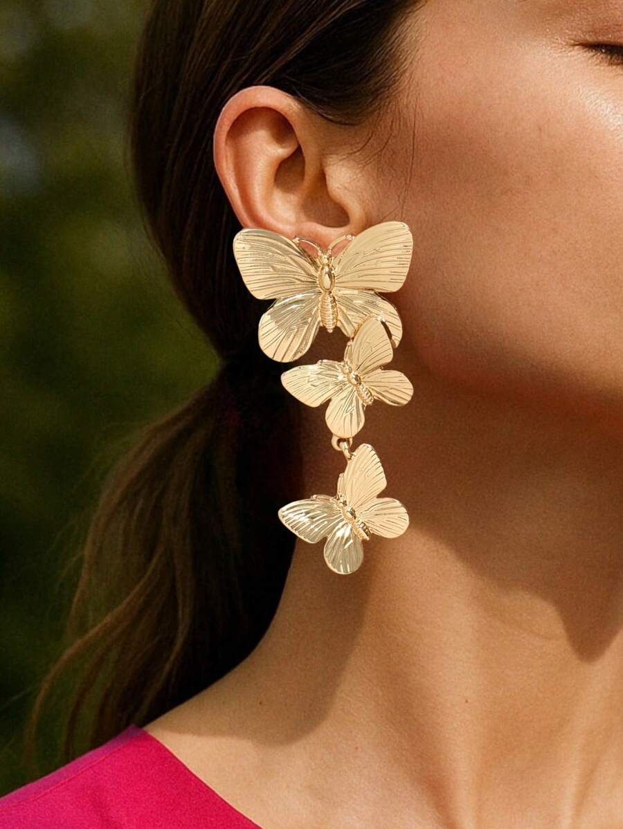 1 Pair Golden Fashion Butterfly Pendant Earrings, Suitable For Women Daily, Holiday, Party, Casual, Entertainment, Vacation, Date, Banquet Jewelry Accessories