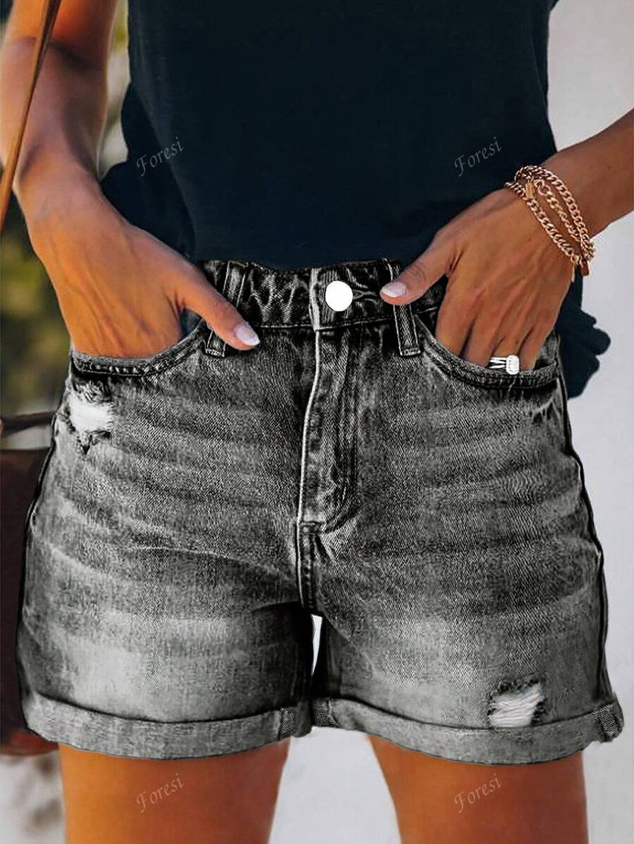 Jeans da donna casual in stile americano di strada di per l'estate, versatili, con stile vacanziero, semplici, con orlo consumato e colore tinta unita lavato