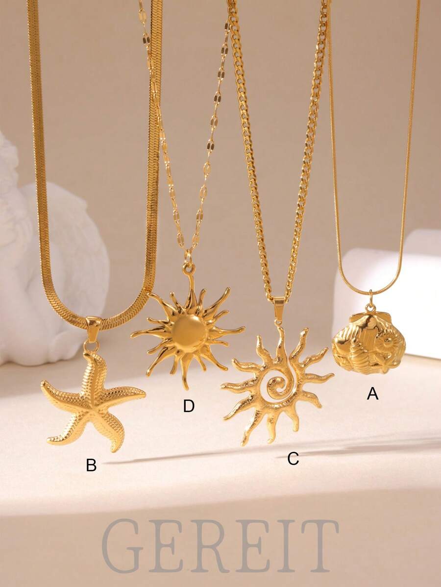 GEREIT 1pc Fashionable 18K Stainless Steel Sun, Starfish & Seashell Pendant Necklace, Suitable For Women's Daily Wear