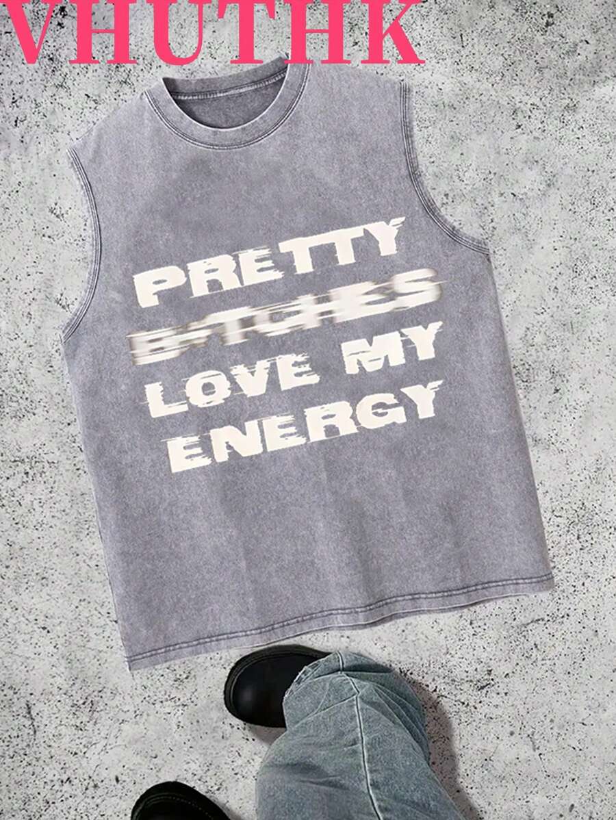 VHUTHK (240g Sleeveless Pure Cotton Washed Vest) 240g Spring/Summer Heavyweight Pure Cotton Washed Vest, Suitable For Daily Wear, Sleeveless Vest Printed With The Letters' ADE 'and Portrait Print
