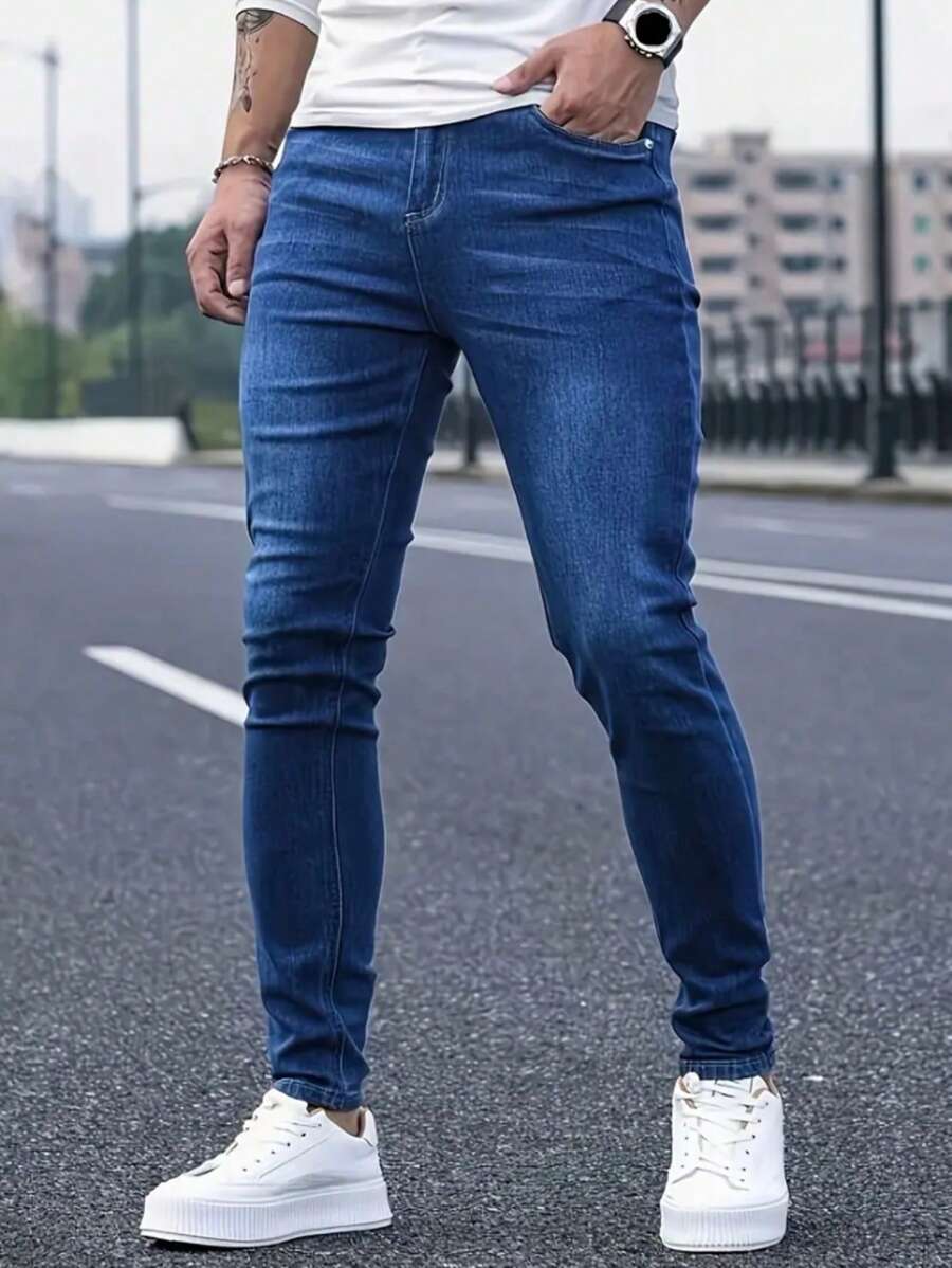 1pc Men Skinny Distressed Denim Jeans, Elastic Breathable Casual Cargo Pants With Pockets, Solid Color Suitable For Urban Walking, Family Outdoor Activities, All Season