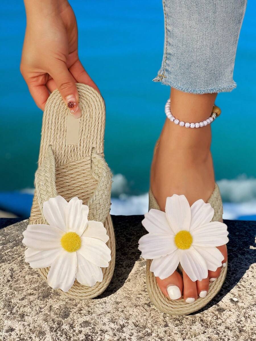 Damen Khaki Sommer Neue Leinen Seil Zehenstegsandalen, flache modische Lässig Pantoffeln mit Blumen, offene Zehenpartie