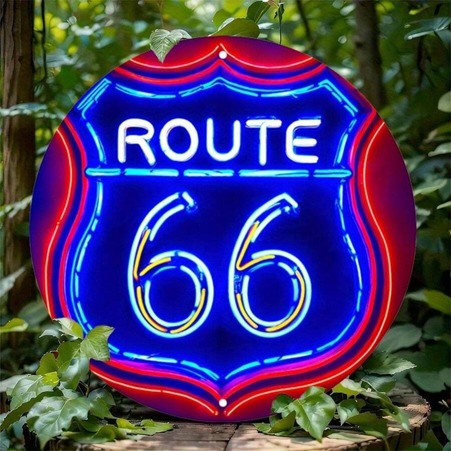 1pc 2D Vintage Route 66 Neon Sign Style 8-Inch Round Wooden Plaque, Battery-Free - Classic Americana Decor Suitable For Bar, Cafe, Beach House, Backyard Or Patio - Random Hole Style Room Decor Bedroom Decor Home Decor Wall Decor