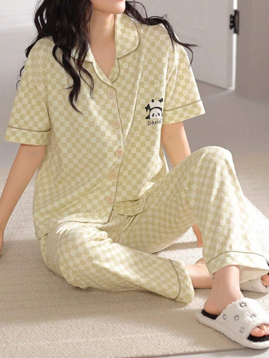 Conjunto de pijama de 2 piezas para mujer - Camisa con cuello y abotonadura, parte superior estampada con pandas a cuadros de manga corta y bolsillo y pantalones holgados, ropa cómoda de ocio para primavera, verano y vacaciones