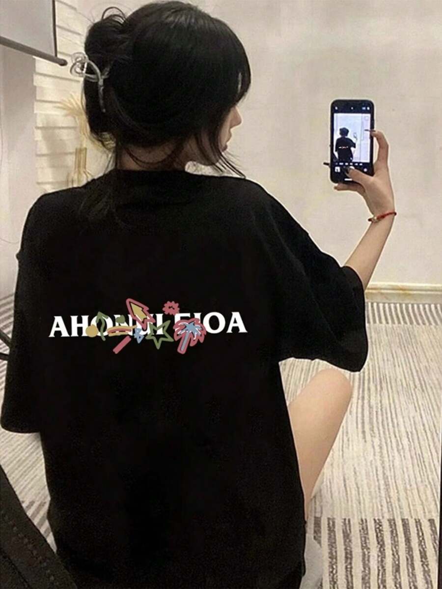 Women's Loose Black Printed T-Shirt - Short Sleeves, Loose Fit, Machine Washable, Japanese Text, Panda Pattern Design