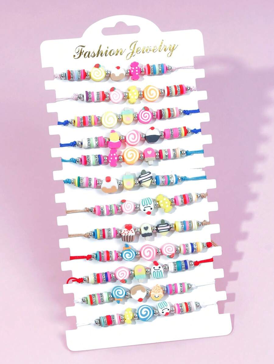12pcs Assorted Girls Colorful Soft Clay Cartoon Braided Bracelets, Random Color & Style Mix Set