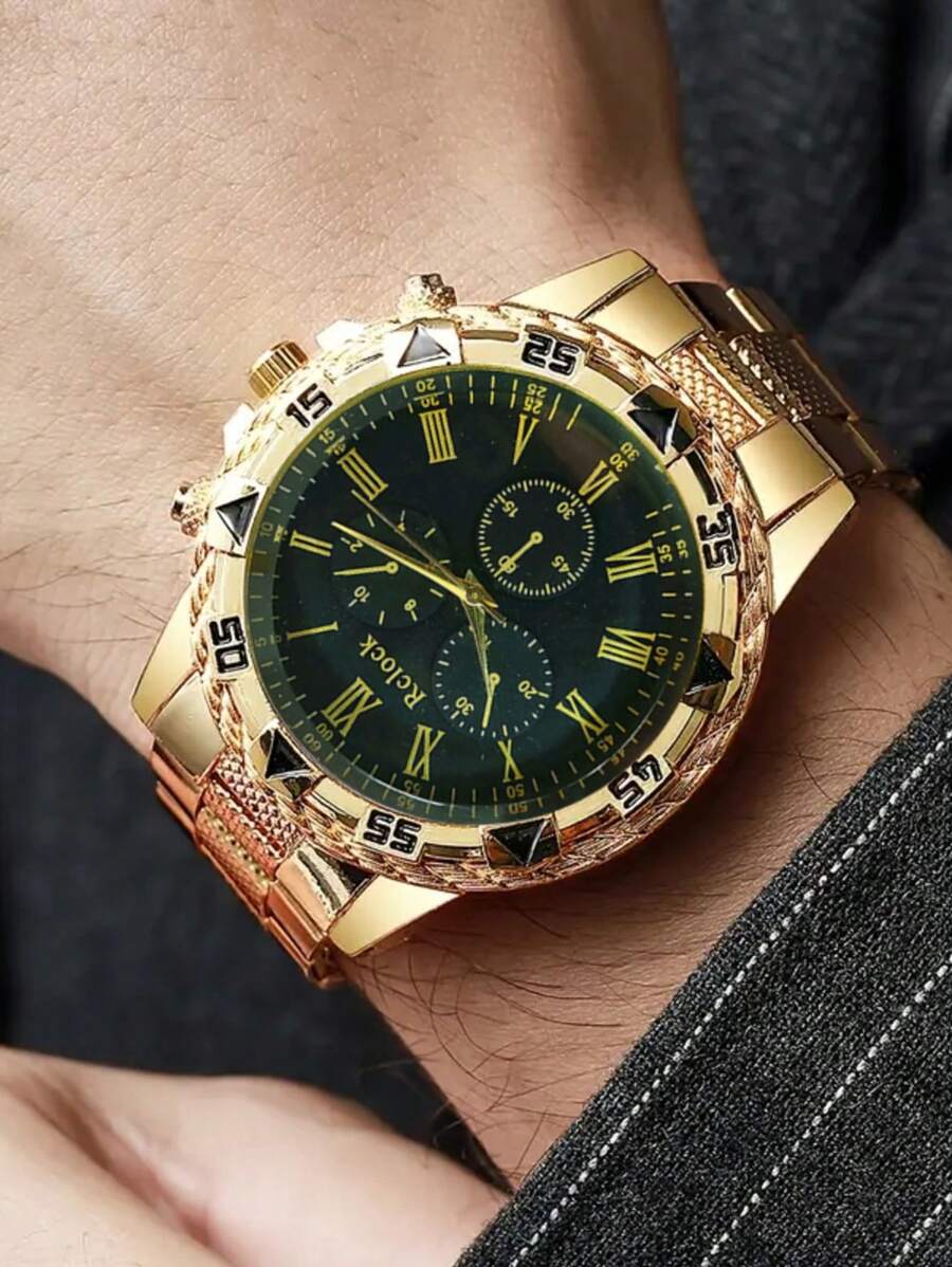 2025 neue Mode Herren Edelstahl Band Quarz Uhr, lässige personalisierte große Zifferblatt Goldfarbe Armbanduhr für Herren, gefälschte Dreiauge Studentenuhr