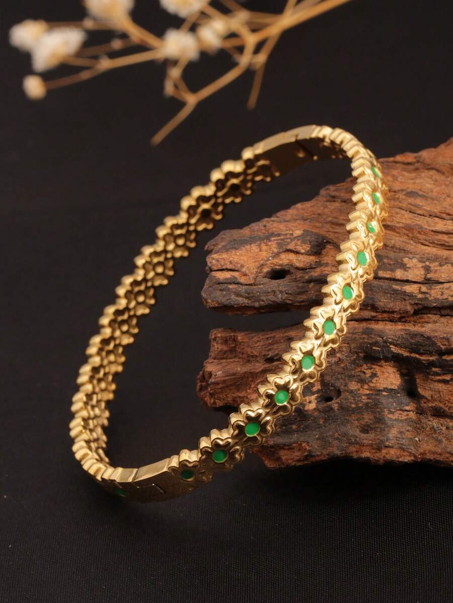 1pc Stainless Steel 18K Gold Plated Heart & Flower Oil Drop Design Cuff Bracelet, Elegant Vintage Fashion Versatile Accessory For Women, Suitable For Daily Wear, Party, Outdoor, Gift For Girlfriend/Wife