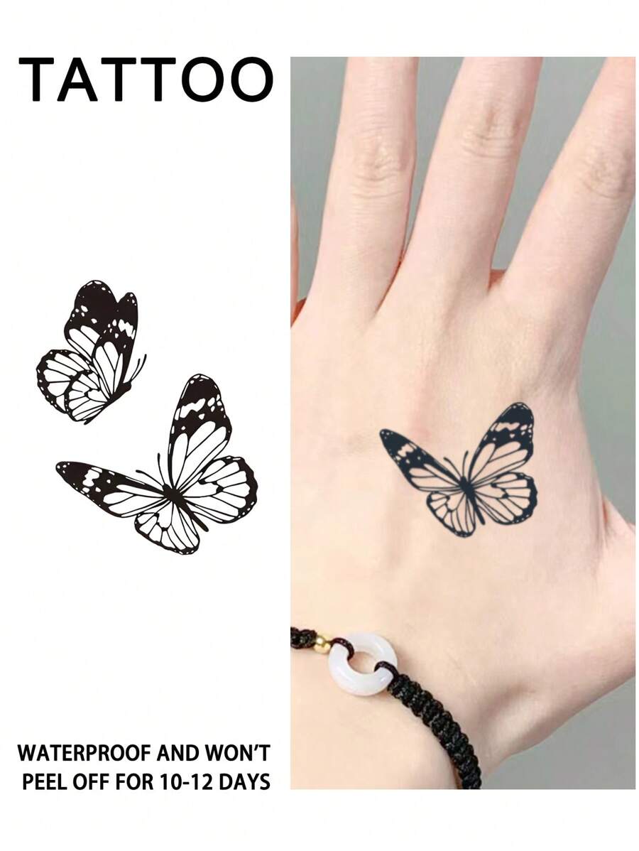 1 pezzo Tatuaggio temporaneo a farfalla, tatuaggio semi-permanente, impermeabile e antitraspirazione, durata 1-2 settimane, realizzato con succhi vegetali, antifrizione, non riflettente, falso tatuaggio nero per donne e uomini, adesivi per tatuaggi per braccio, torace, gamba, addome, vita, dito, collo, schiena, arte del corpo modernista