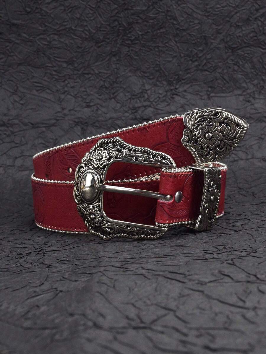 1pc Women's Vintage Belt, BOHO Punk Western Stylish Metallic Carved Floral Belt, Suitable For Jeans, Parties, Music Festivals