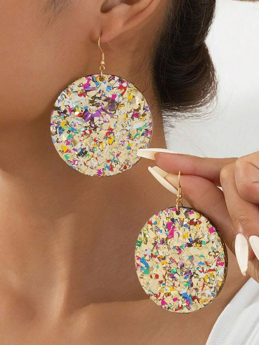 A Pair Of European And American Retro Geometric Circular Multi-Color Versatile Sequin Earrings For Women As A Vacation Party Gift
