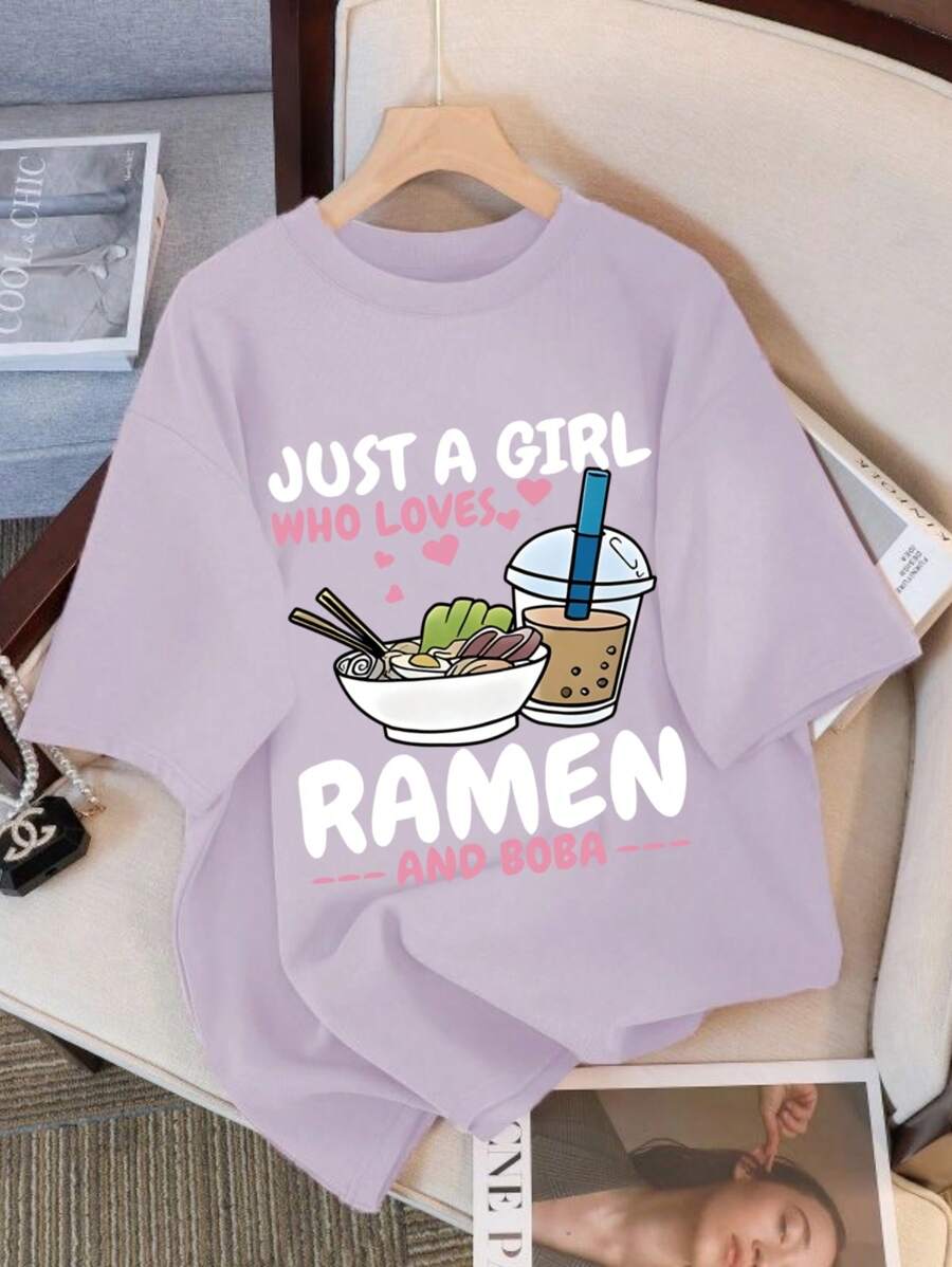 Teen Girl Loose Plus Size Casual Cute Milk Tea Cartoon Pattern Printed Round Neck Pullover Short Sleeve T-Shirt New Summer Style, Suitable For School Students' Shopping Outfits During Vacation