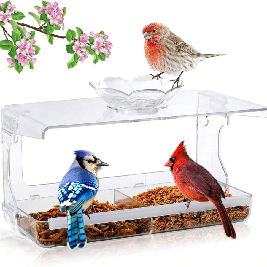 Alimentatore per uccelli in acrilico con gancio adesivo indolore, trasparente chiaro, regalo per birdwatching all'aperto, decorazione da giardino