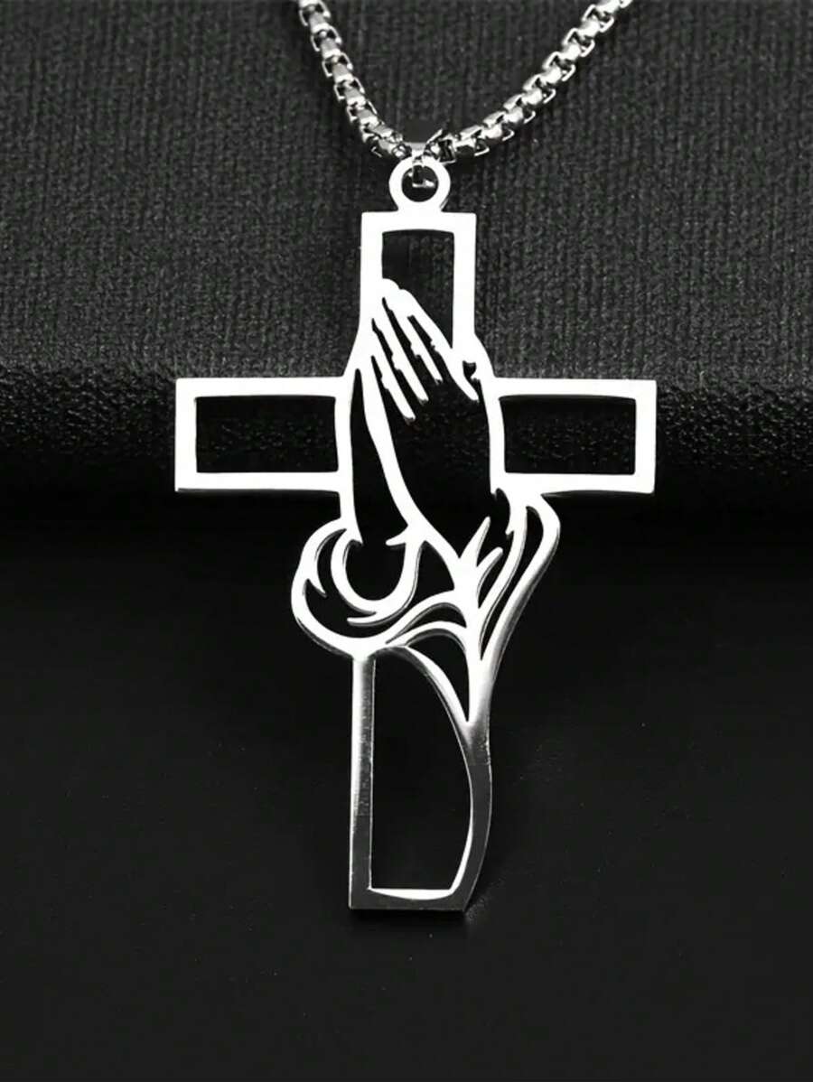 Collar de acero inoxidable 201 con cruz para niños - Colgante de manos en oración, fe cristiana, joyería religiosa, sin recubrimiento, apto para mayores de 15 años