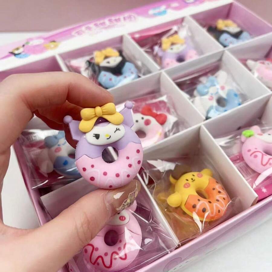 Sanrio 6pcs Sanrio Donut Shaped Erasers, Cute Cartoon Design School Supplies & Student Gifts, Stationery School Supplies,Back To School