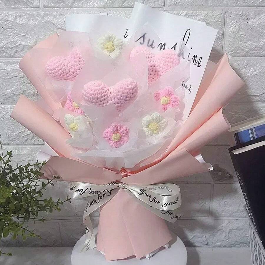 1pc Handmade Knitted Sunflower & Heart Bouquet, Permanent Floral Birthday Gift