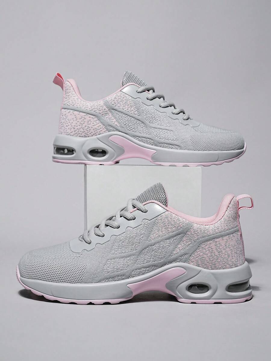 Women's Light Pink Grey Round Toe Lace Up Sneakers Breathable Shock-Absorbing Casual Shoes
